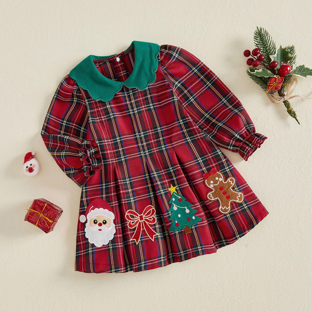 Santa Girl | Vestido Navideño Niña Cuadros Rojo + Cuello Verde + Bordado Papa Noel Arbolito