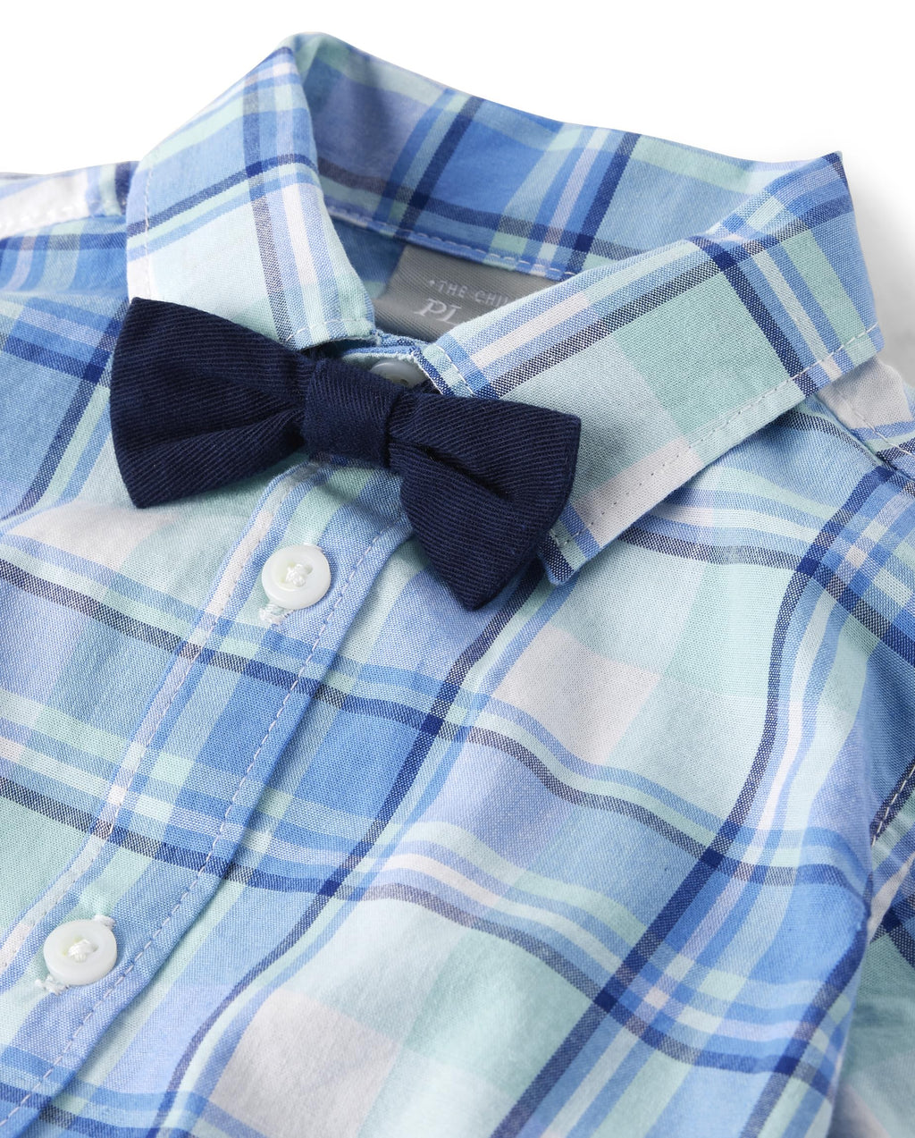 Conjunto Formal 4 Piezas The Children's Place | Bodysuit Cuadros Azul Menta + Chino Aqua + Tirantes + Pajarita Navy | Bebé Niño  (0M - 12M)