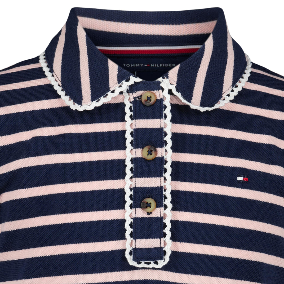 Tommy Hilfiger Vestido Polo Piqué Niña | Rayas Breton Navy/Rosa • Cuello Polo Ribete Picot • Falda Plisada