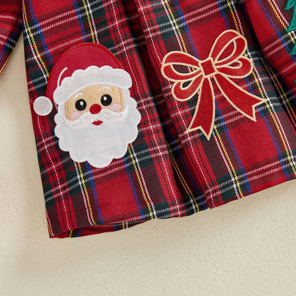 Santa Girl | Vestido Navideño Niña Cuadros Rojo + Cuello Verde + Bordado Papa Noel Arbolito