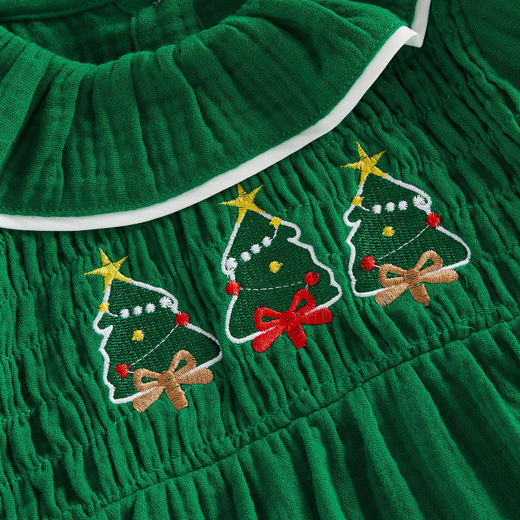 Christmas Tree Smocked Romper | Mameluco Vestido Verde Bebé Niña — Cuello Muñeca + Mangas Abombadas + Árboles Bordados + Diadema