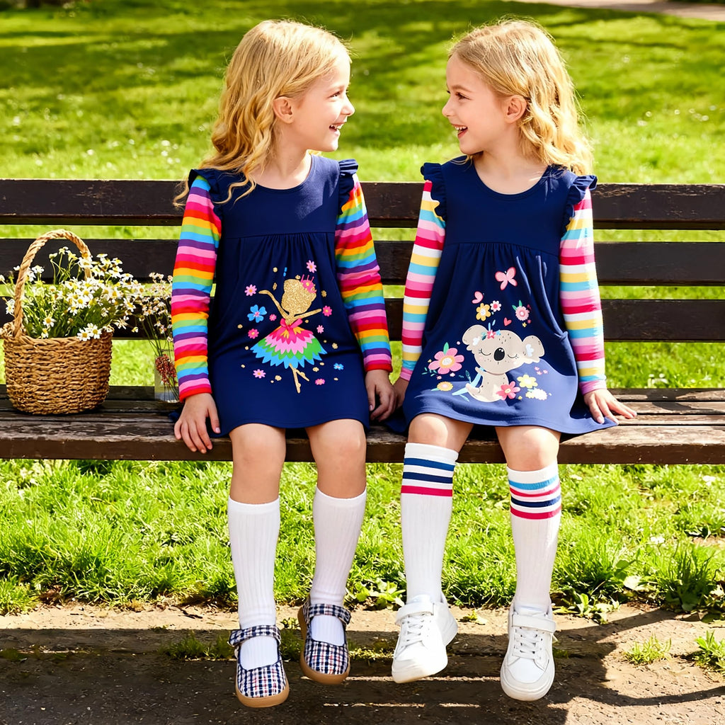 Vestido Niña ZJY | Algodón + Koala Bebé Floral + Mariposa + Corazones + Bolsillos | Navy/Arcoíris (3T - 8T)