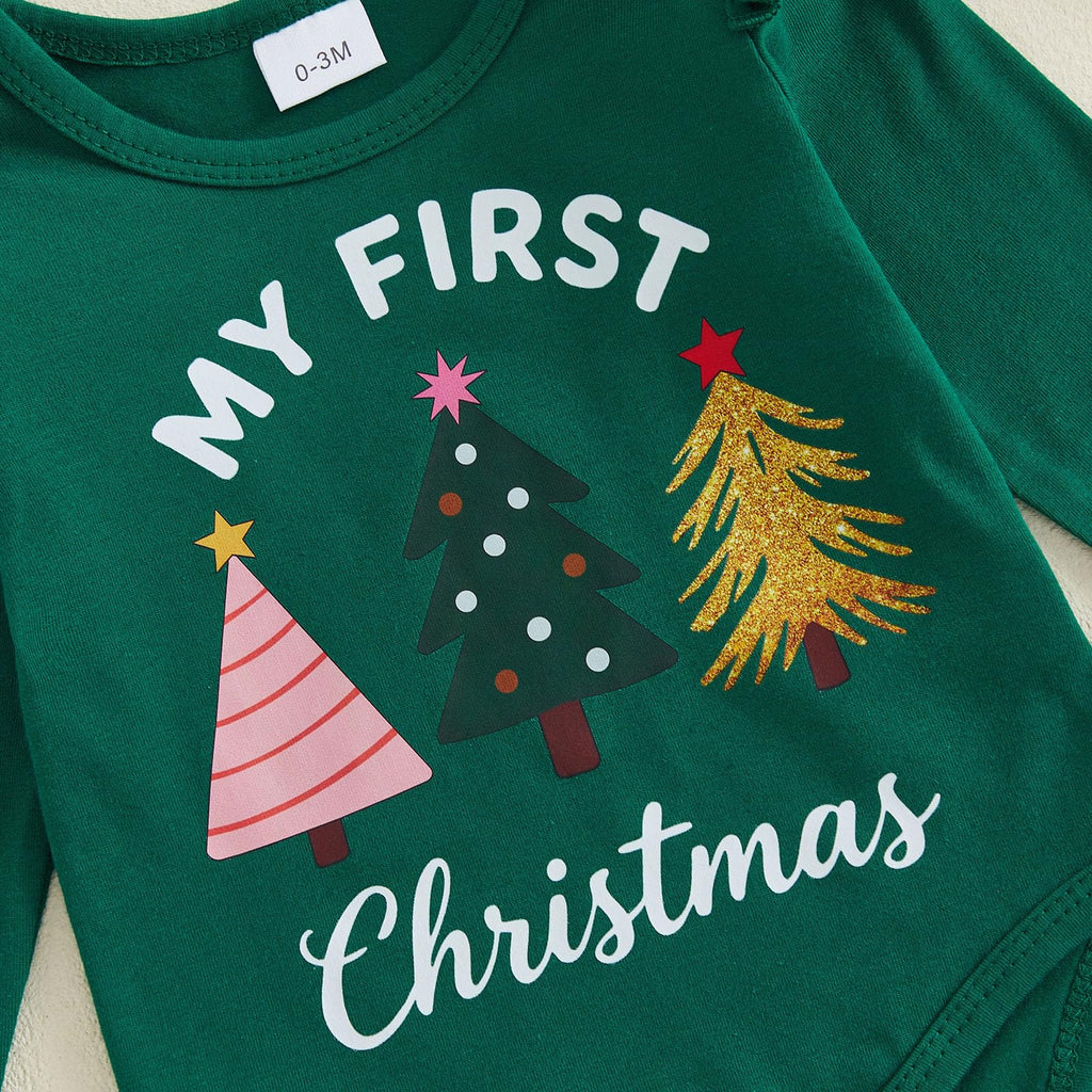 My First Christmas Arbolitos | Conjunto Navideño Verde Bebé Niña Falda Floral + Medias + Diadema