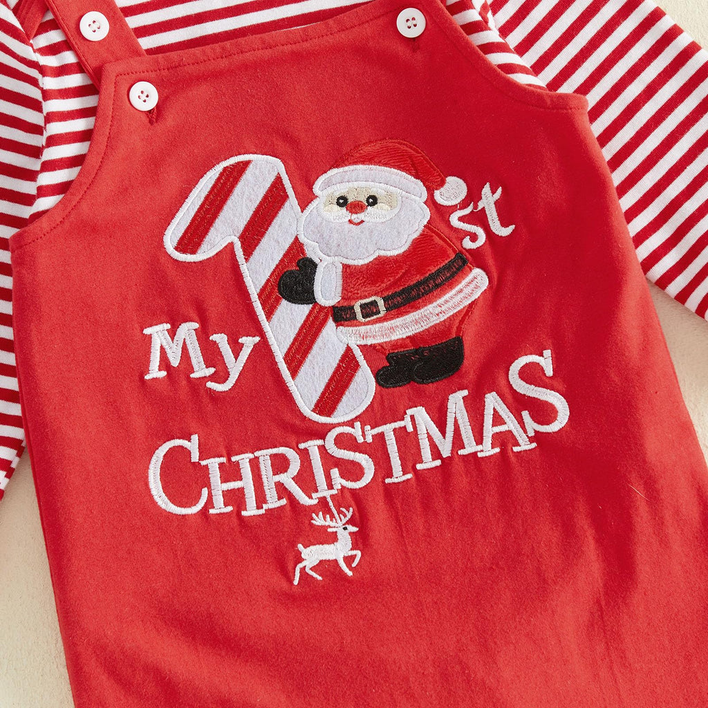 My 1st Christmas Santa | Conjunto Bebé Niño Mameluco Rayas Rojo + Peto Rojo Papa Noel + Gorro Navidad