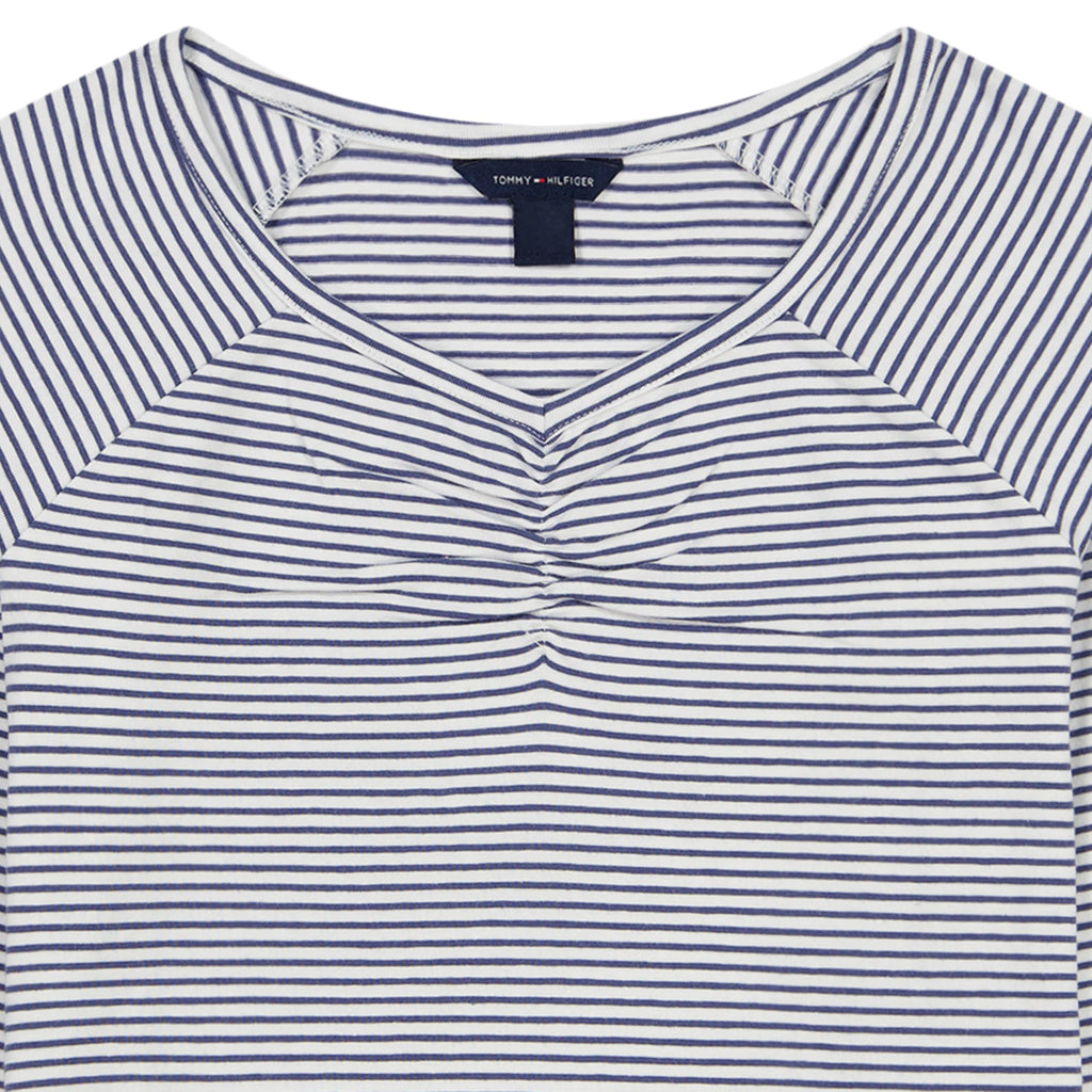 Tommy Hilfiger | Camiseta Nina Manga Larga | 94% Algodon 6% Elastano | Cuello Barco con Nudo Twist | Textura Acanalada 1x1 | Corte Ajustado | Rayas Blanco + Navy Fino (7 - 16T)