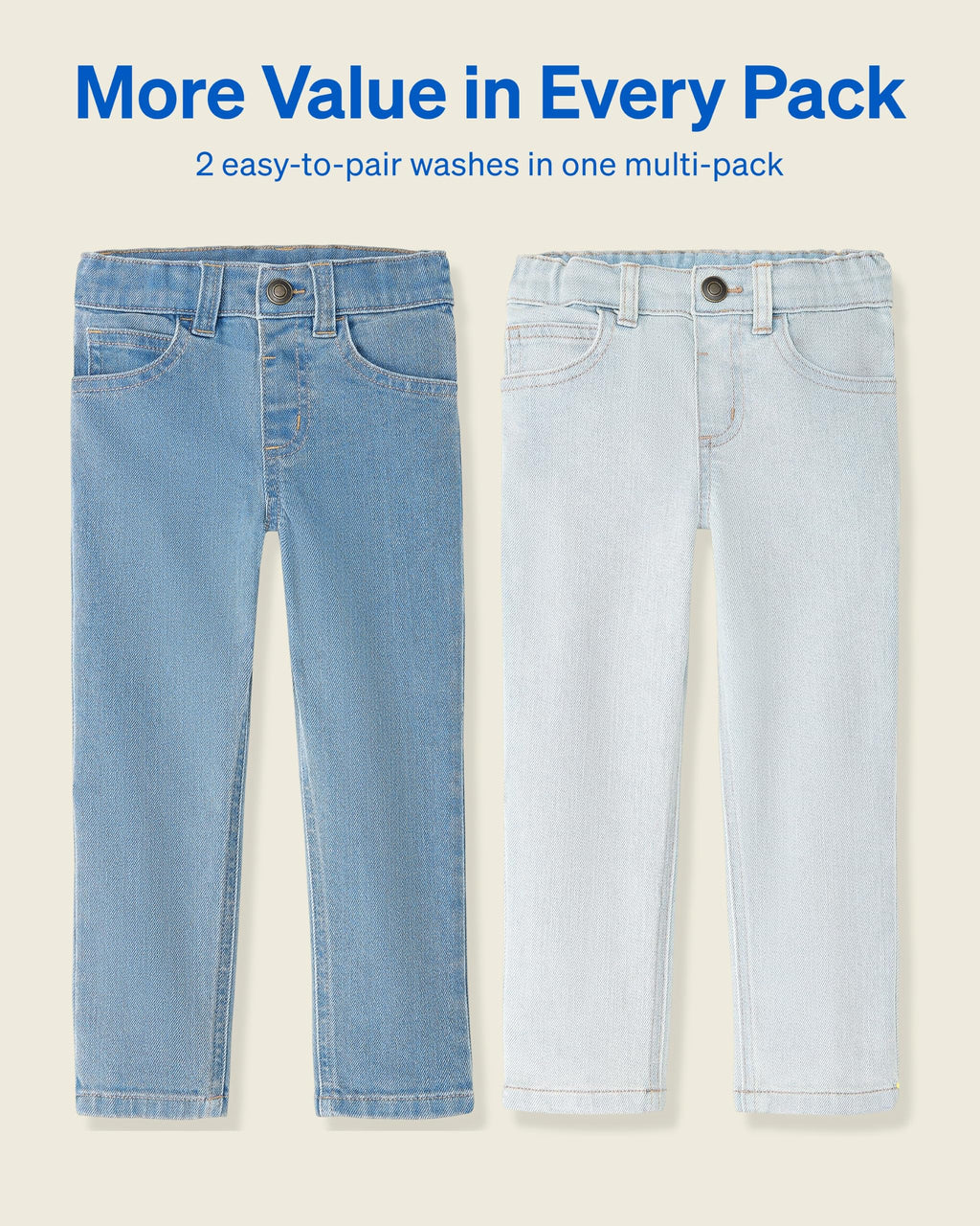 Garanimals Pack 2 Jeans Bebé Unisex | Mezclilla Elástica Pierna Recta — Lavado Medio + Lavado Extra Claro • Certificado OEKO-TEX