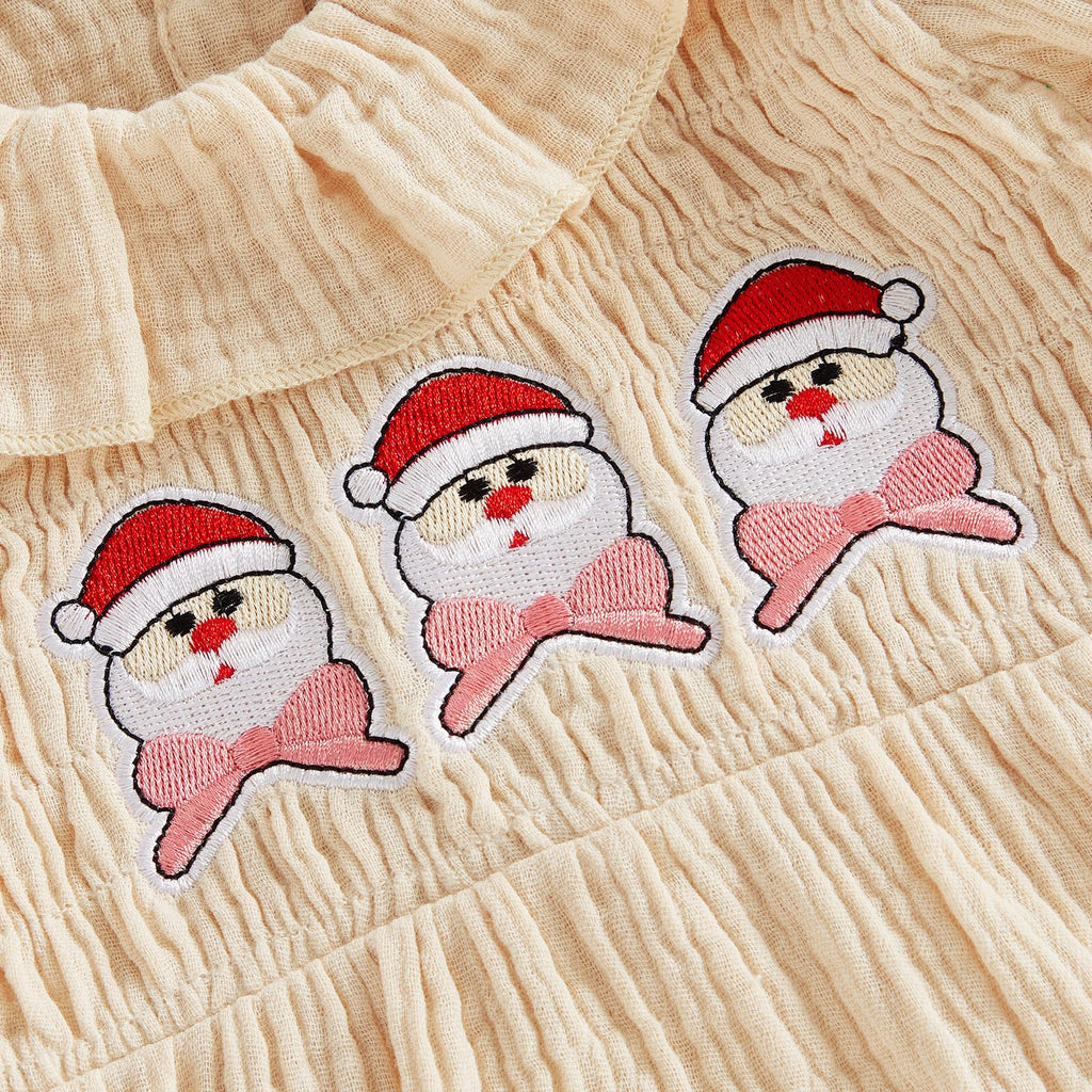 Santa Smocked Romper Beige | Mameluco Vestido Crema Bebé Niña — Cuello Muñeca + Mangas Abombadas + Papa Noel Bordado + Diadema