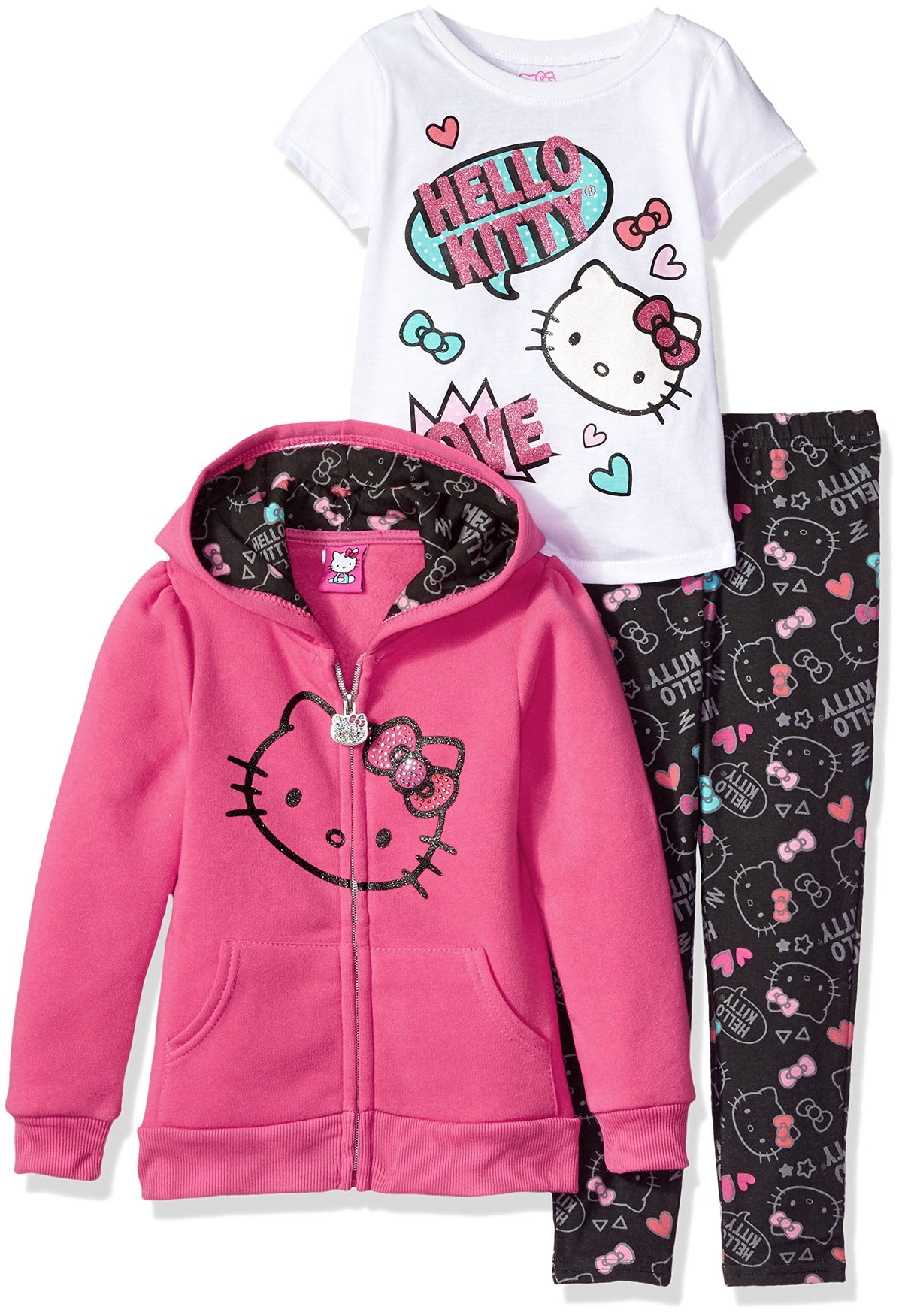 Conjunto Hello Kitty para Niña – Sudadera con Capucha, Camiseta y Leggings (Rosa)