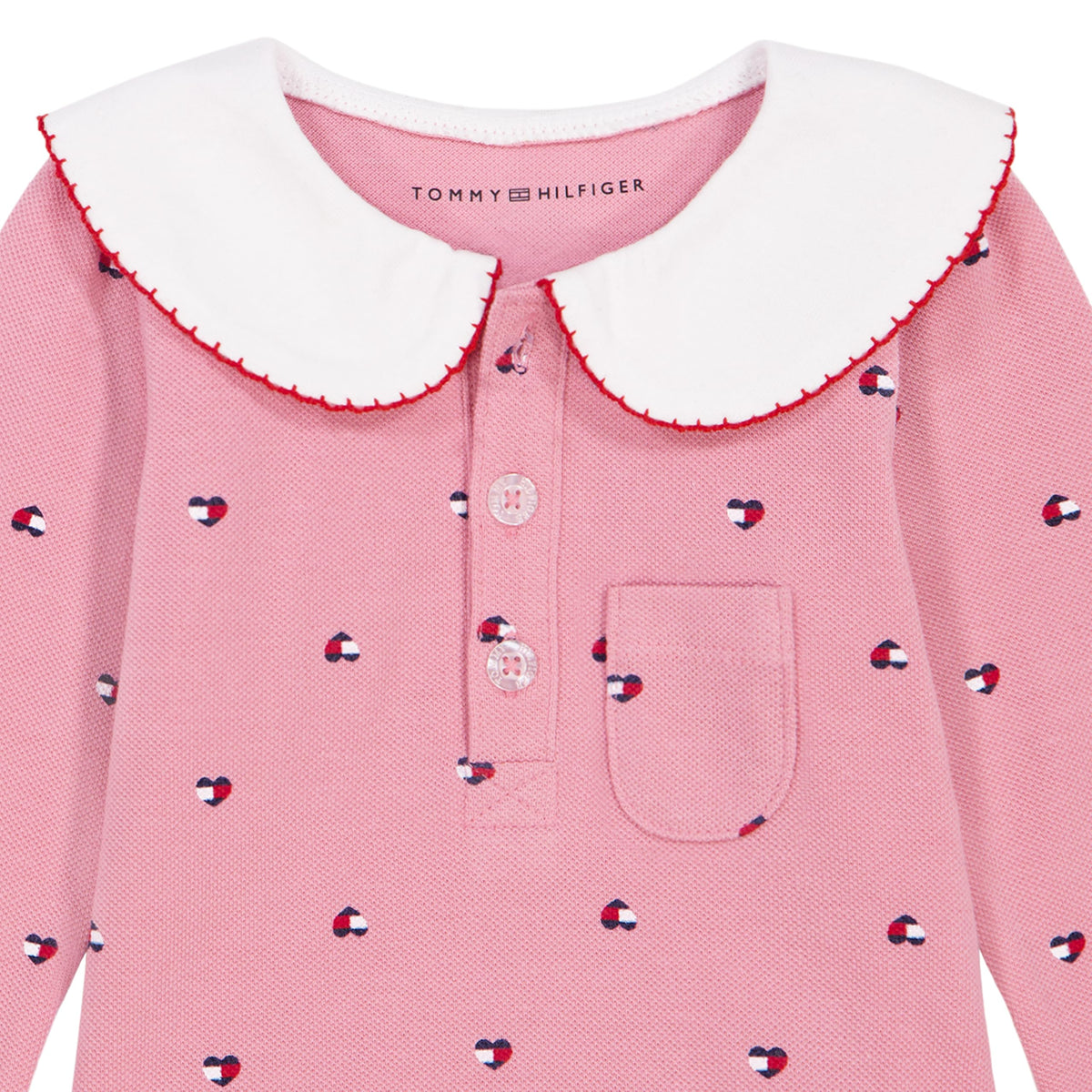 Tommy Hilfiger Vestido Polo Piqué Niña | Rosa Estampado Mini Logo TH • Cuello Peter Pan Blanco