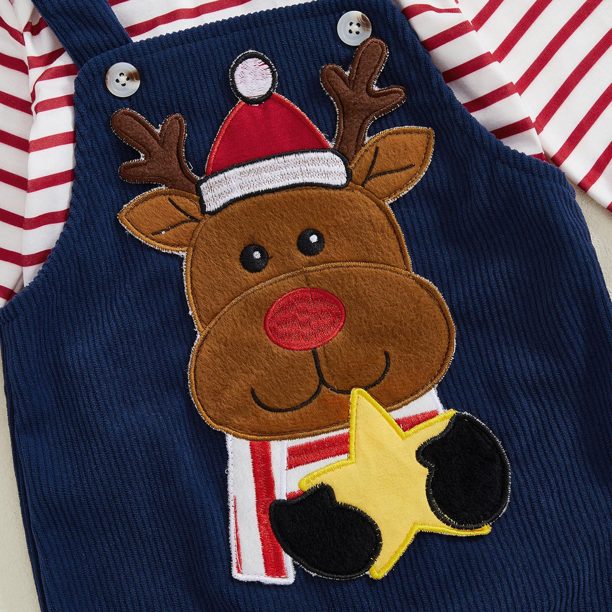 Rudolph Navy Newborn Set | Conjunto 3 Piezas Bebé — Body Rayas Rojo + Overol Azul Marino + Reno Navideño + Gorro Tejido