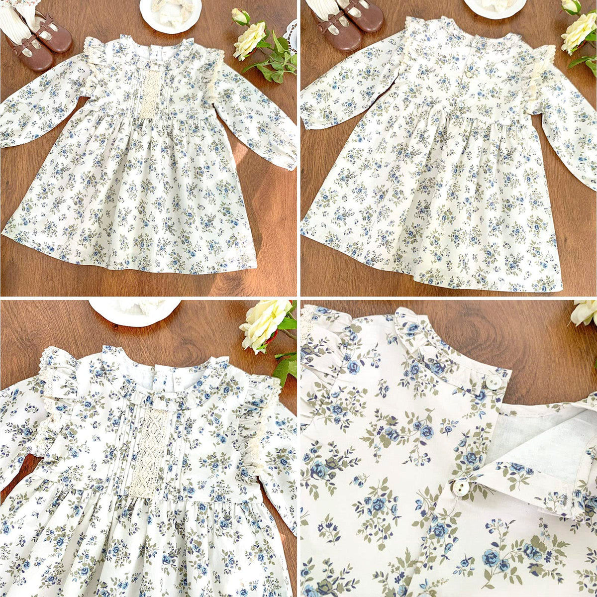 Vestido de Manga Larga 100% Algodón con Volantes en los Hombros y Estampado Floral para Niña (Solo 2T y 8T)