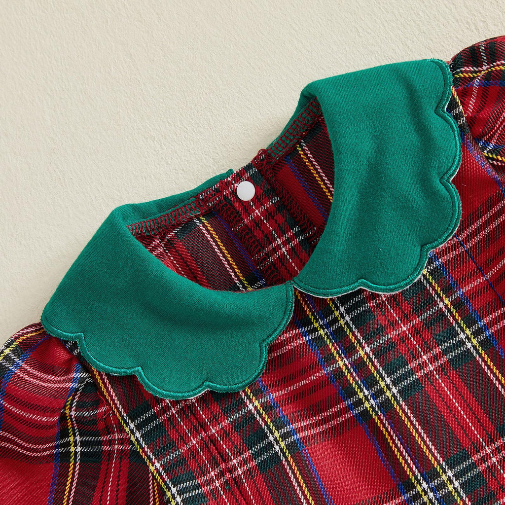Santa Girl | Vestido Navideño Niña Cuadros Rojo + Cuello Verde + Bordado Papa Noel Arbolito