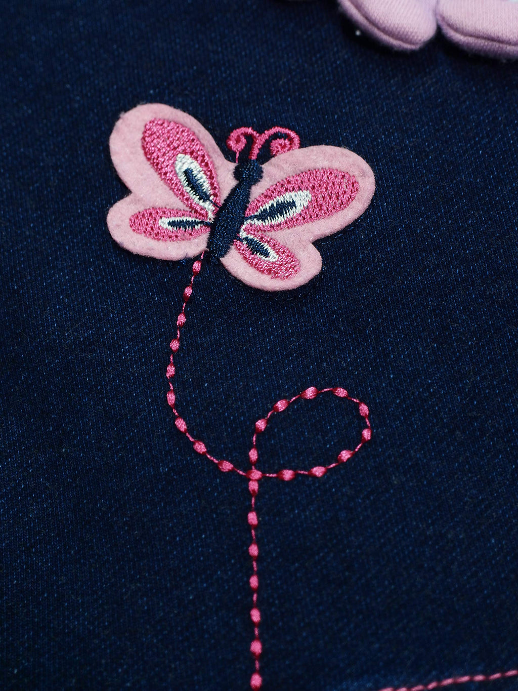 Overol Peto de Mezclilla | Conejito 3D + Mariposa Rosa + Cuadriculado Lila | Denim Navy | Niña/Bebé (3M-4A)