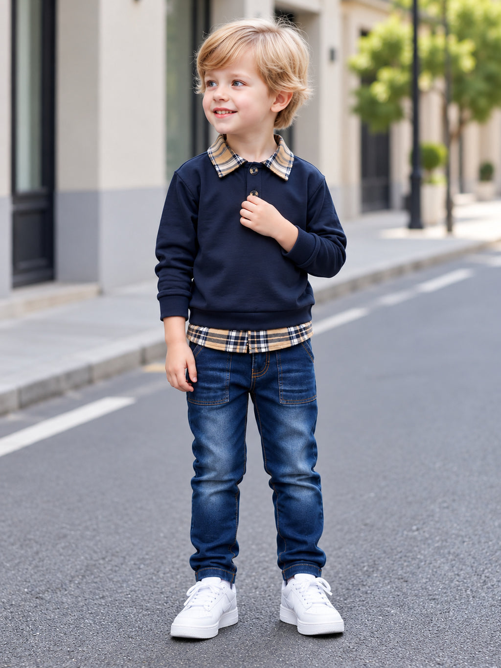 Conjunto de 2 Piezas para Niño: Sudadera de Manga Larga con Cuello de Solapa Estilo 2 en 1 + Pantalón de Mezclilla (Estilo Casual y Escolar para Otoño) (Talla 3Y - 10Y)