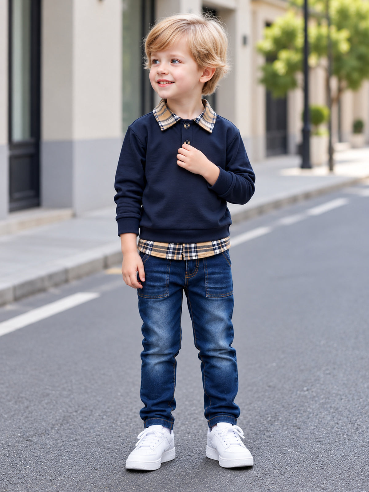 Conjunto de 2 Piezas para Niño: Sudadera de Manga Larga con Cuello de Solapa Estilo 2 en 1 + Pantalón de Mezclilla (Estilo Casual y Escolar para Otoño) (Talla 3Y - 10Y)