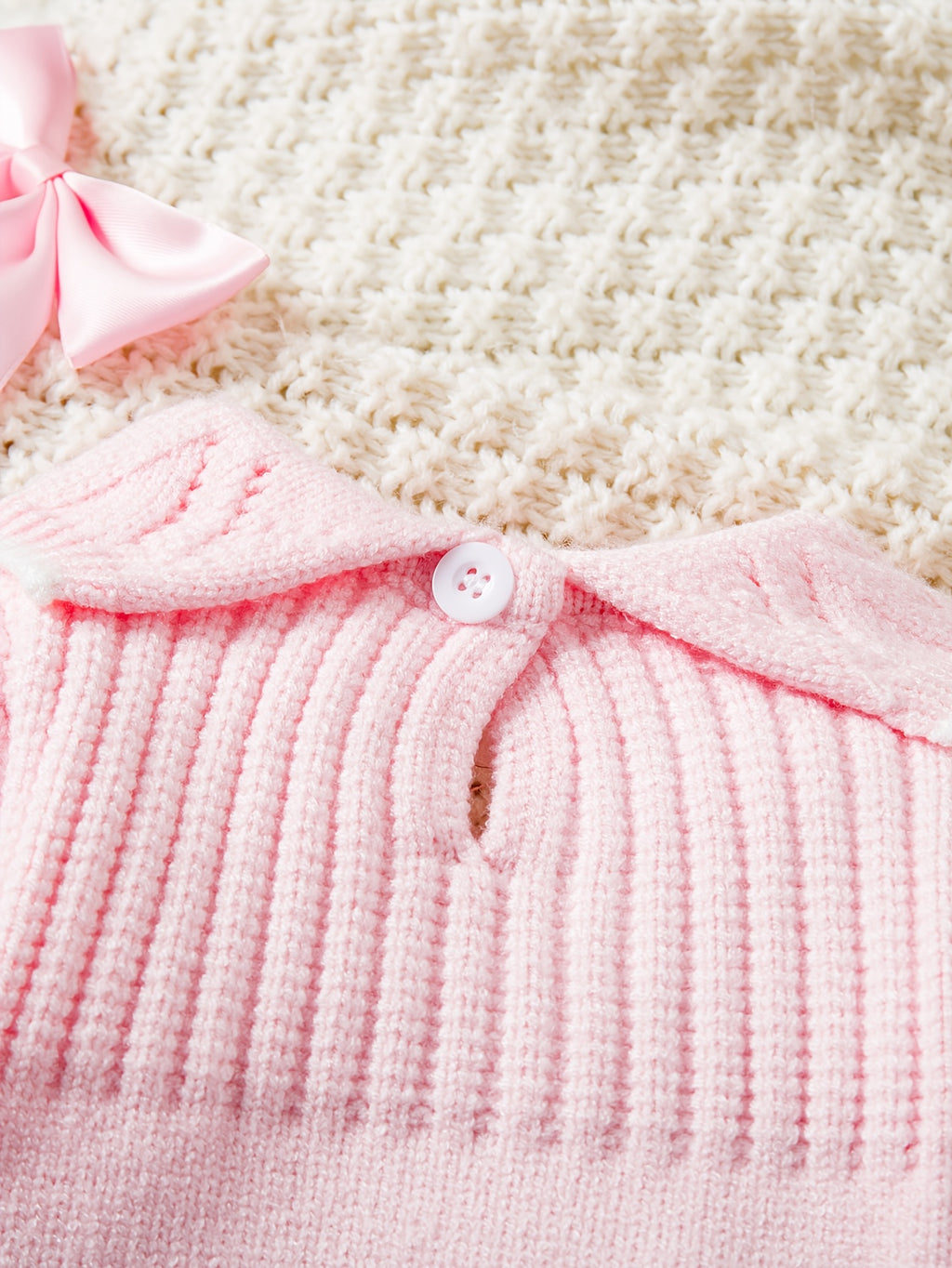 Conjunto de Ropa Tejida de Manga Larga con Lazo para Bebé Niña (Suéter con Cuello y Pantalón con Pies en Color Rosa, Estilo Elegante para Primavera) (1M - 9M)
