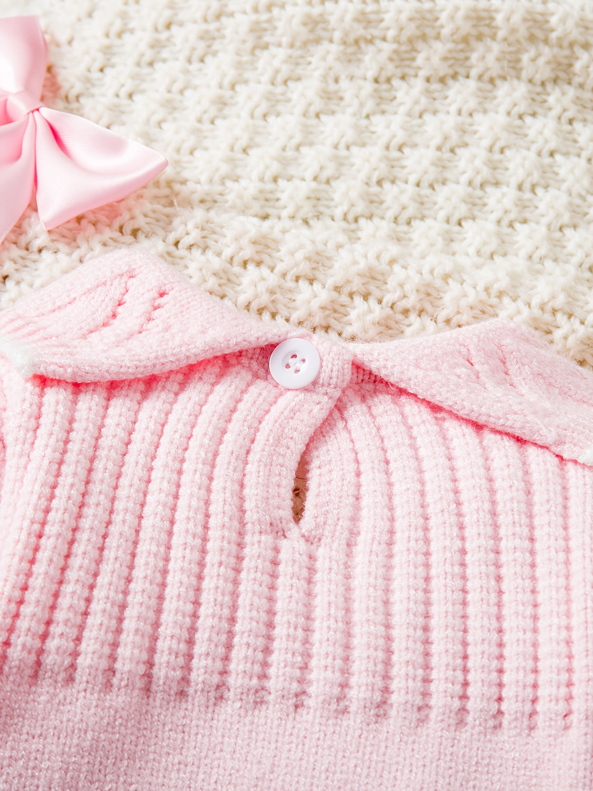 Conjunto de Ropa Tejida de Manga Larga con Lazo para Bebé Niña (Suéter con Cuello y Pantalón con Pies en Color Rosa, Estilo Elegante para Primavera) (1M - 9M)