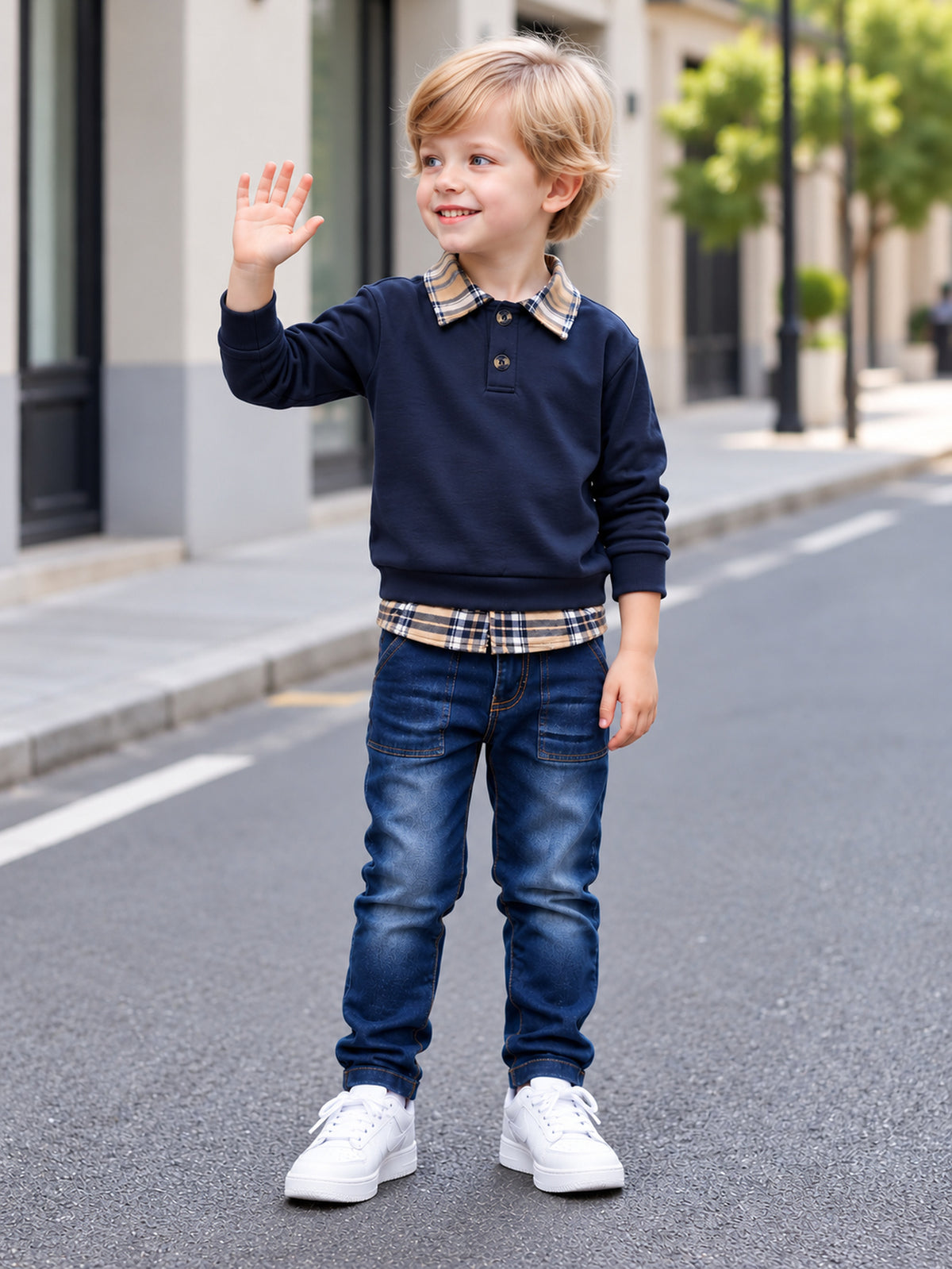 Conjunto de 2 Piezas para Niño: Sudadera de Manga Larga con Cuello de Solapa Estilo 2 en 1 + Pantalón de Mezclilla (Estilo Casual y Escolar para Otoño) (Talla 3Y - 10Y)