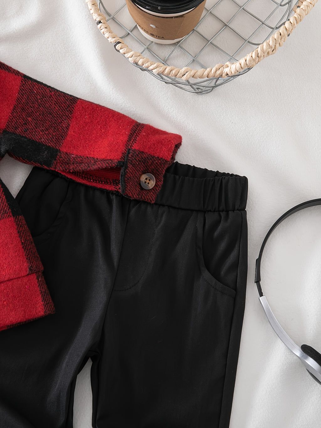 Conjunto de 2 Piezas "Red Lumberjack" para Niño – Chaqueta de Cuadros Rojos y Negros con Pantalón Casual (Primavera/Otoño (3M - 3Y)