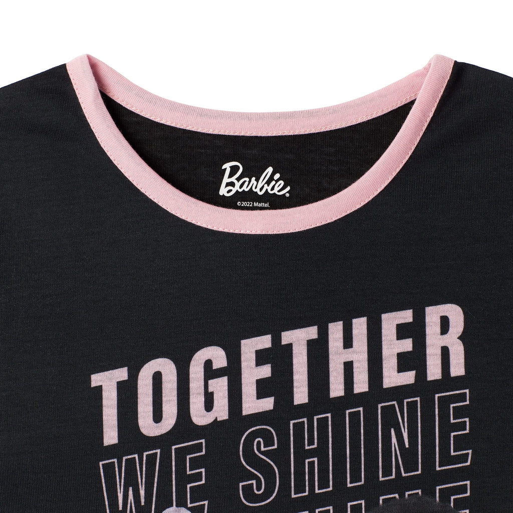Set Pijama 4 Piezas Barbie Oficial Together We Shine | 2 Camisas + 2 Pantalones + 100% Poliéster | Niña Negro Rosa (4T - 10T)