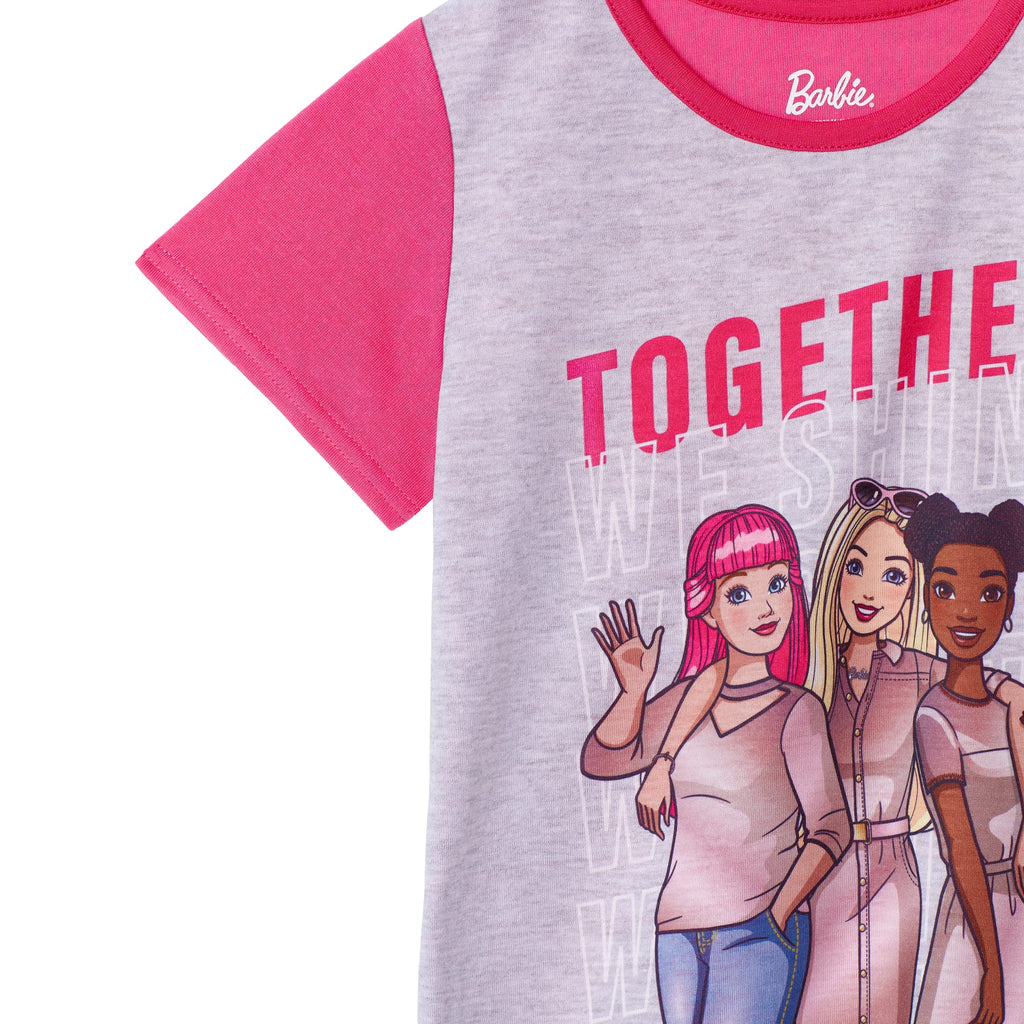 Set Pijama 4 Piezas Barbie Oficial Together & Kind | 2 Camisas + 2 Pantalones + 100% Poliéster | Niña Gris Rosa Fucsia (4T - 10T)