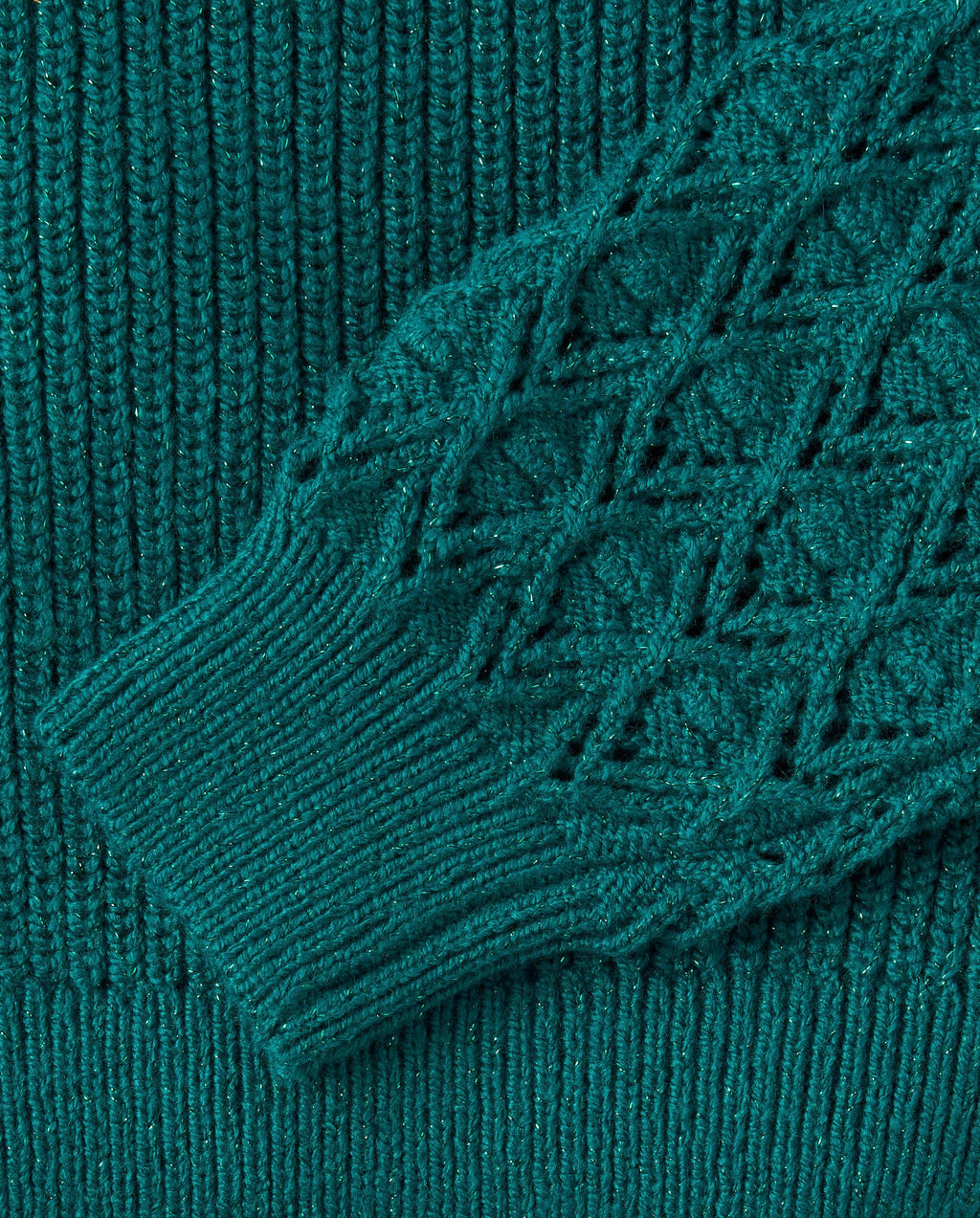 The Children's Place Suéter Niña | Verde Esmeralda Lurex • Manga Calada Rombos • Mock Neck • Cropped