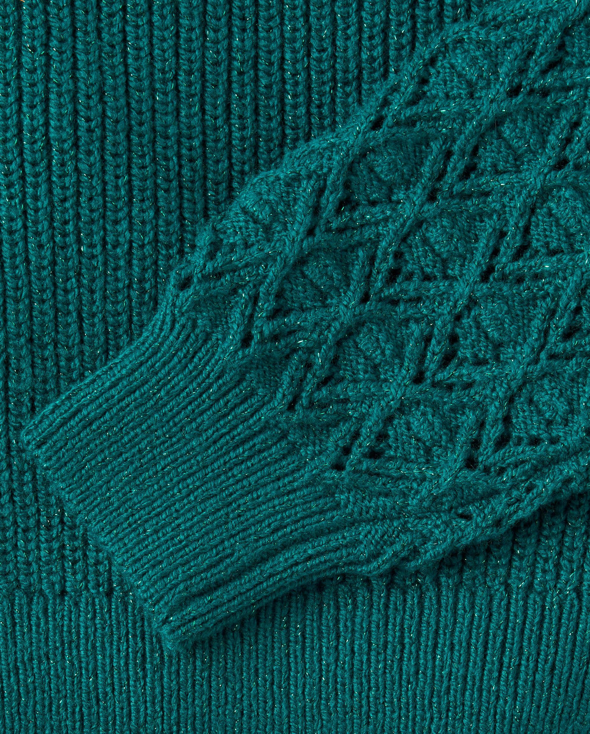 The Children's Place Suéter Niña | Verde Esmeralda Lurex • Manga Calada Rombos • Mock Neck • Cropped