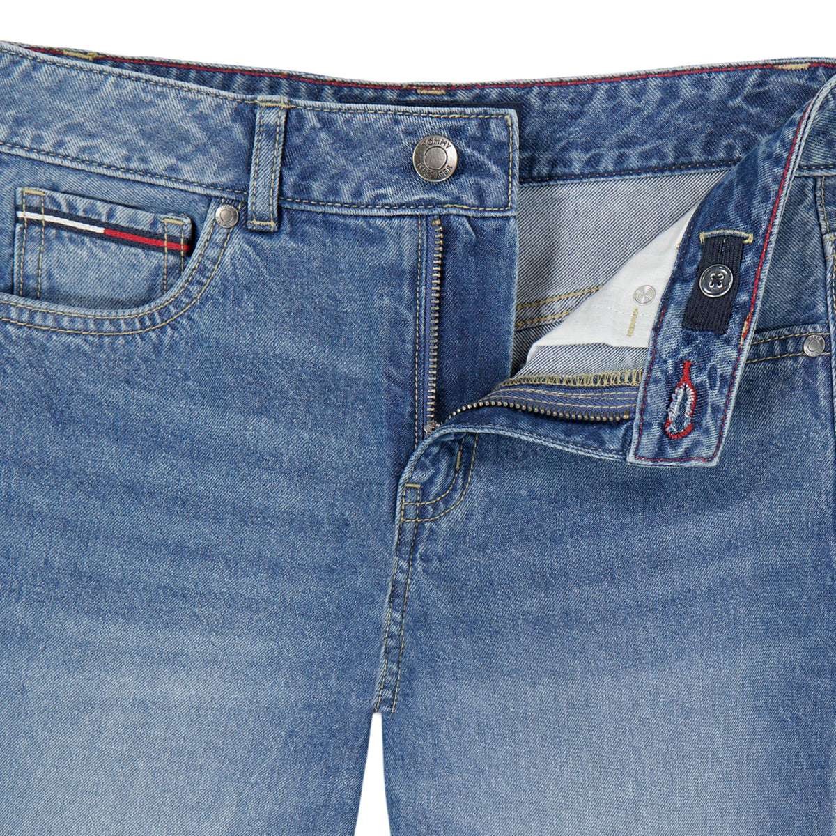 Jean Wide Leg Tiro Medio Tommy Hilfiger | Lavado Dekalb + Bandera Lentejuelas + Parche Cuero TH | Niña (7T - 16T)