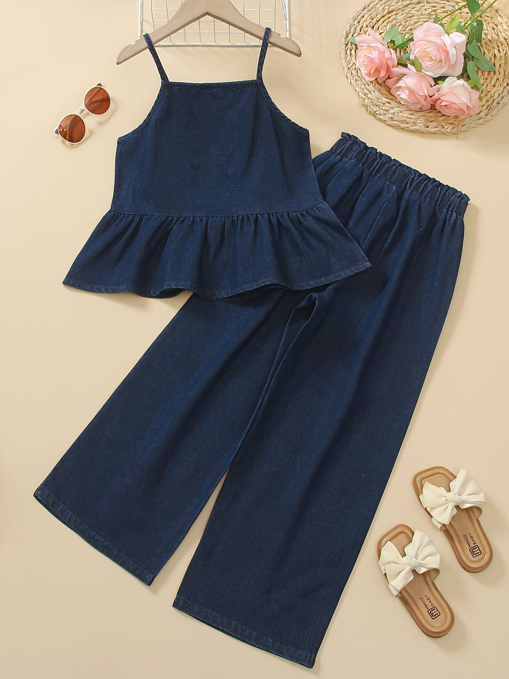 Conjunto de 2 Piezas de Camisola de Mezclilla con Volantes y Lazos + Pantalón Largo Recto para Niñas (Estilo Casual y Moderno para Primavera/Verano) (8Y - 12Y)