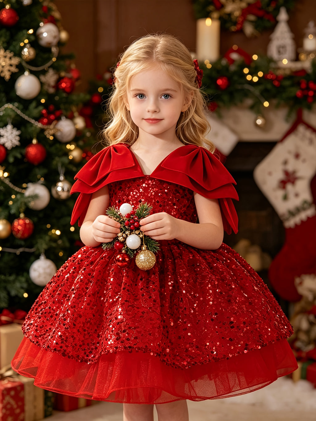 Vestido de Princesa para Niña: Vestido de Noche y Fiesta de Navidad con Lentejuelas Brillantes y Falda de Tul (Estilo Banquetes) (4 - 8Y)
