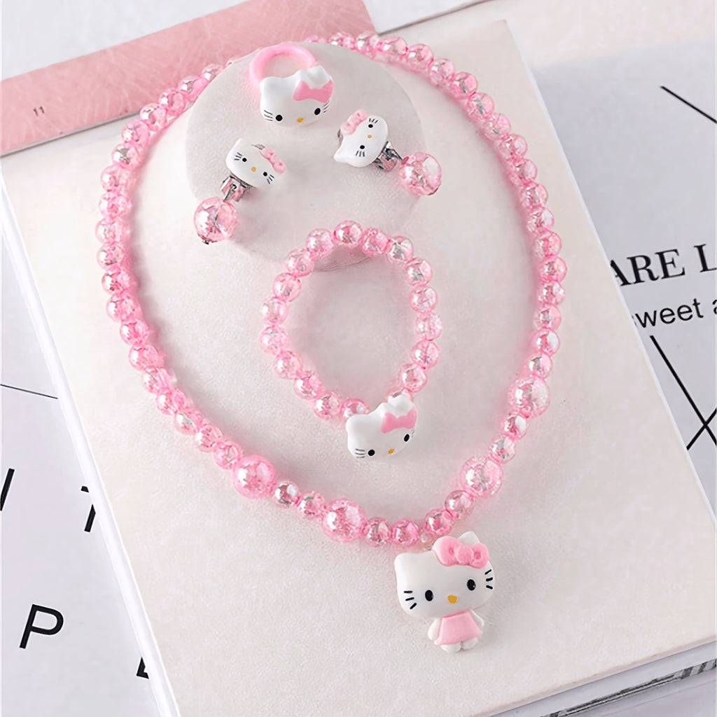 Conjunto de Joyería Infantil de 5 Piezas: Collar, Pulsera, Anillo y Aretes con Dije de Gato y Cuentas Acrílicas Rosas (Estilo Kawaii)