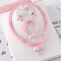 Conjunto de Joyería Infantil de 5 Piezas: Collar, Pulsera, Anillo y Aretes con Dije de Gato y Cuentas Acrílicas Rosas (Estilo Kawaii)
