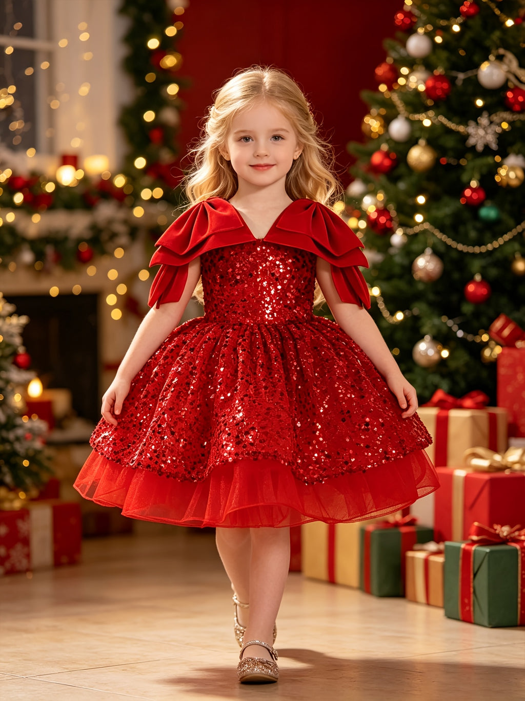 Vestido de Princesa para Niña: Vestido de Noche y Fiesta de Navidad con Lentejuelas Brillantes y Falda de Tul (Estilo Banquetes) (4 - 8Y)
