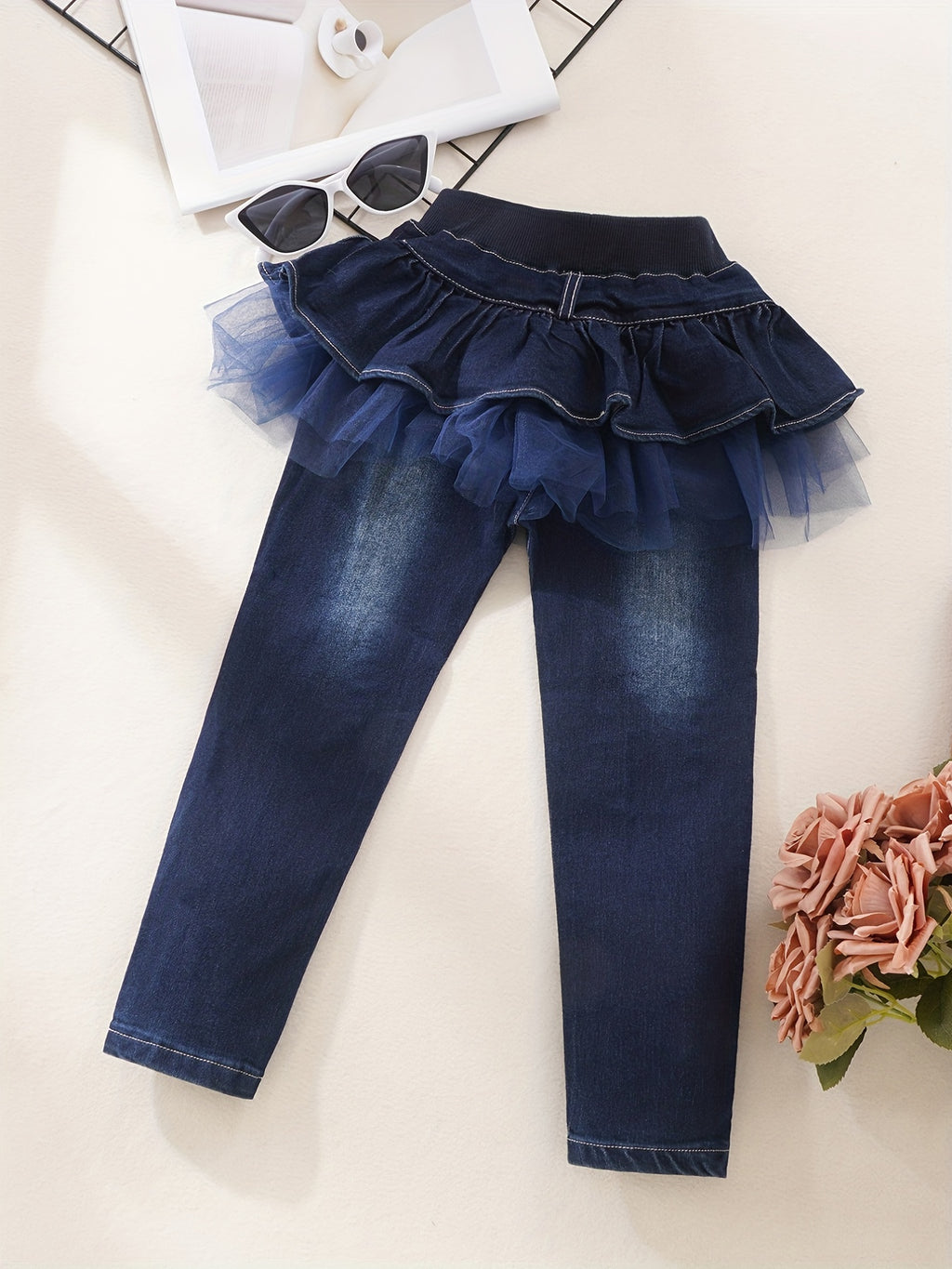Jeans Casuales de Mezclilla para Niñas con Parches en las Rodillas y Tutú de Volantes (Estilo Ajustado y Moderno para Primavera y Otoño) (Solo 9-10Y)