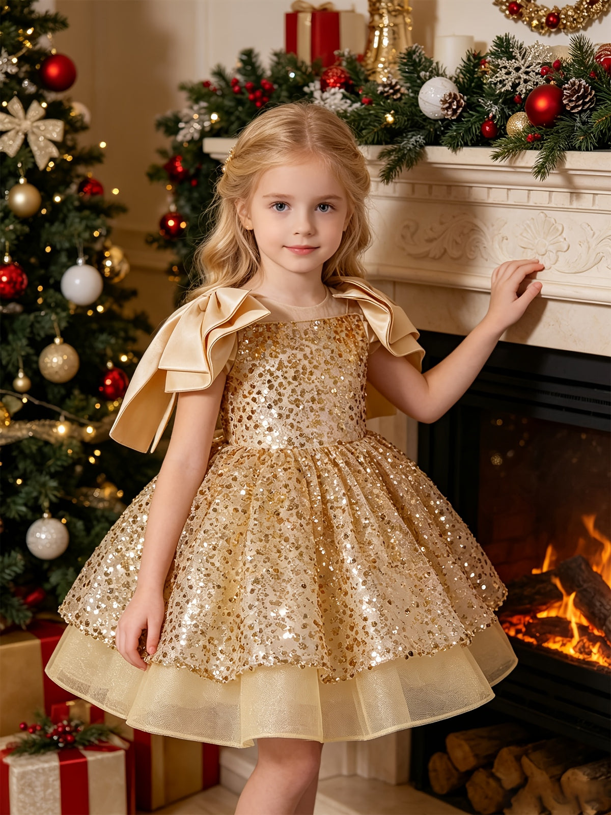 Vestido de Princesa para Niña: Vestido de Noche y Fiesta Dorada con Lentejuelas Brillantes, Volantes en los Hombros y Falda de Tul (Estilo Banquetes y Navidad) (Solo 7 - 8Y)