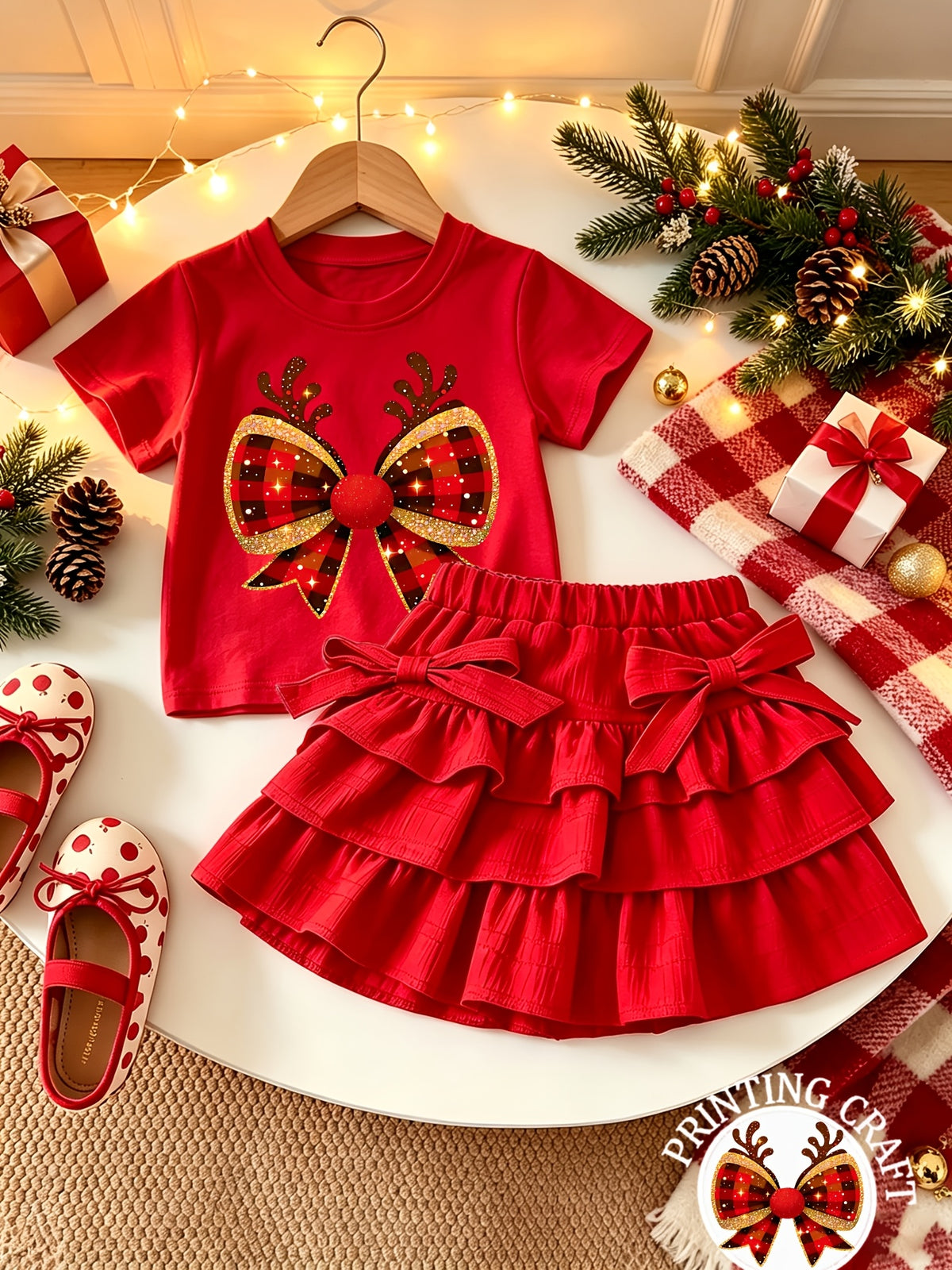 Conjunto Navideño de 2 Piezas para Niña: Blusa de Manga Corta con Estampado de Astas y Falda Estilo Pastel con Volantes (1T - 8T)