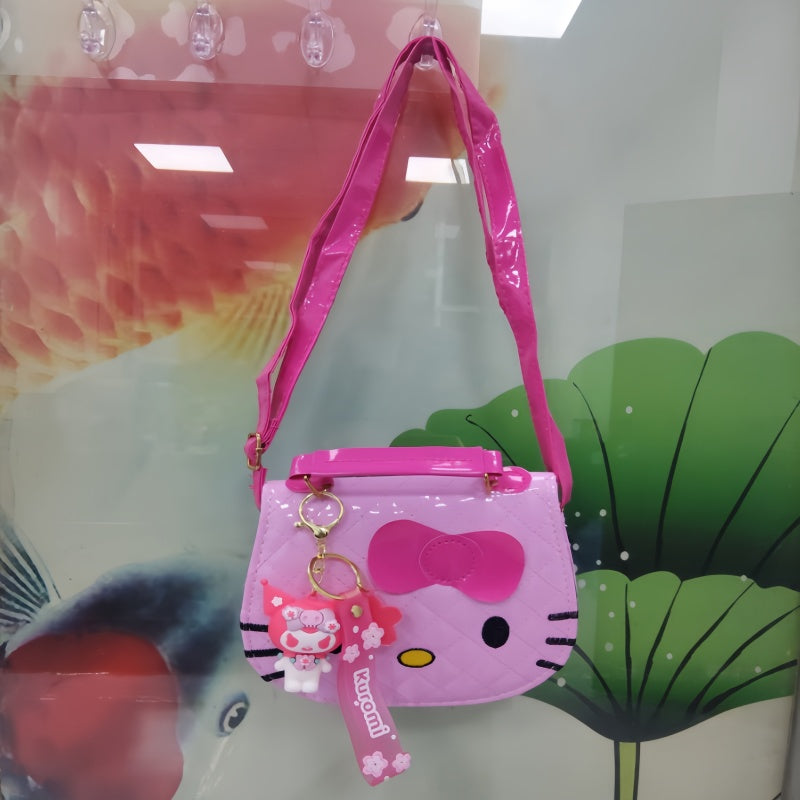 Bolso de Hombro y Mano Sanrio Hello Kitty de Alta Calidad con Lindo Dije de Regalo (Estampado Animal / Efecto Charol Rosa)