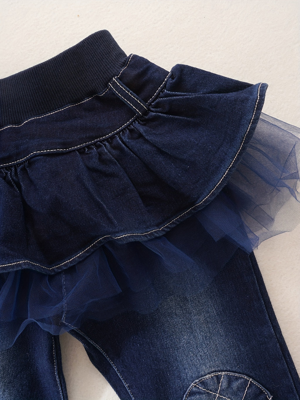 Jeans Casuales de Mezclilla para Niñas con Parches en las Rodillas y Tutú de Volantes (Estilo Ajustado y Moderno para Primavera y Otoño) (Solo 9-10Y)