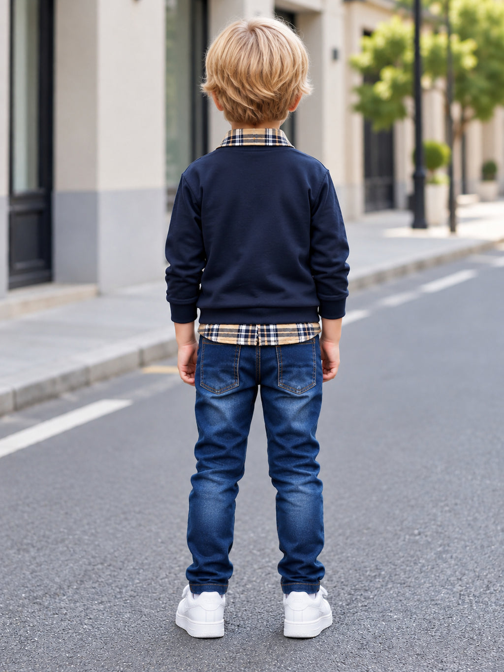 Conjunto de 2 Piezas para Niño: Sudadera de Manga Larga con Cuello de Solapa Estilo 2 en 1 + Pantalón de Mezclilla (Estilo Casual y Escolar para Otoño) (Talla 3Y - 10Y)