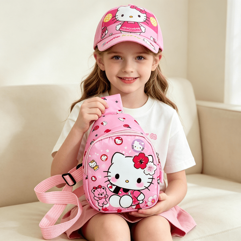 Set de 2 Piezas Sanrio Hello Kitty: Mini Mochila Cruzada de Un Hombro y Gorra Infantil (Estilo Dulce y Casual)