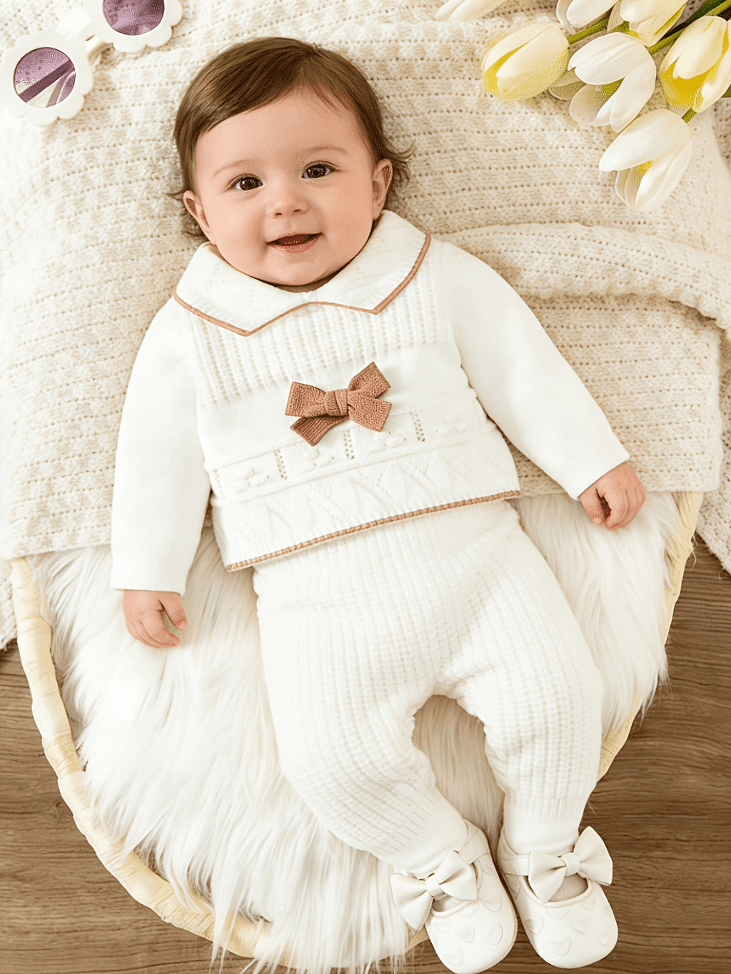 Conjunto de Ropa Tejida de Manga Larga con Lazo para Bebé en Color Blanco y Marrón (Suéter con Cuello y Pantalón con Pies, Estilo Elegante para Primavera) (1M - 9M)