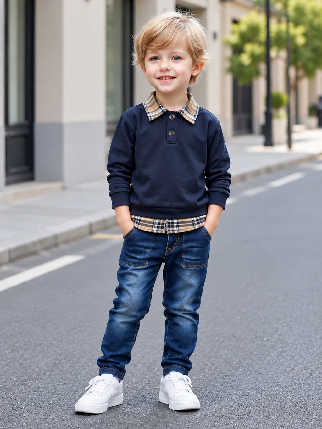 Conjunto de 2 Piezas para Niño: Sudadera de Manga Larga con Cuello de Solapa Estilo 2 en 1 + Pantalón de Mezclilla (Estilo Casual y Escolar para Otoño) (Talla 3Y - 10Y)