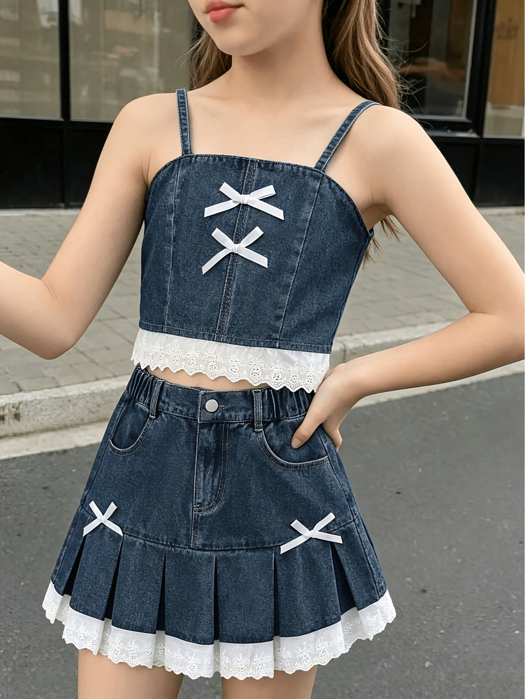 Conjunto Elegante de Top de Tirantes y Falda Plisada de Mezclilla para Niñas con Adornos de Encaje y Lazos (Estilo Casual de Verano para Adolescentes) (Talla 8Y y 12Y)