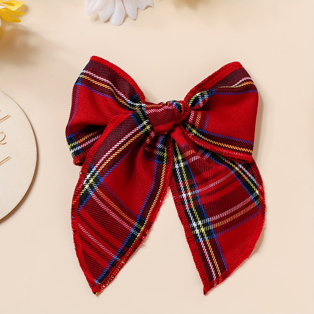 Pinza para el Cabello con Lazo Estilo Navideño y Estampado a Cuadros (Horquilla Decorativa Festiva)