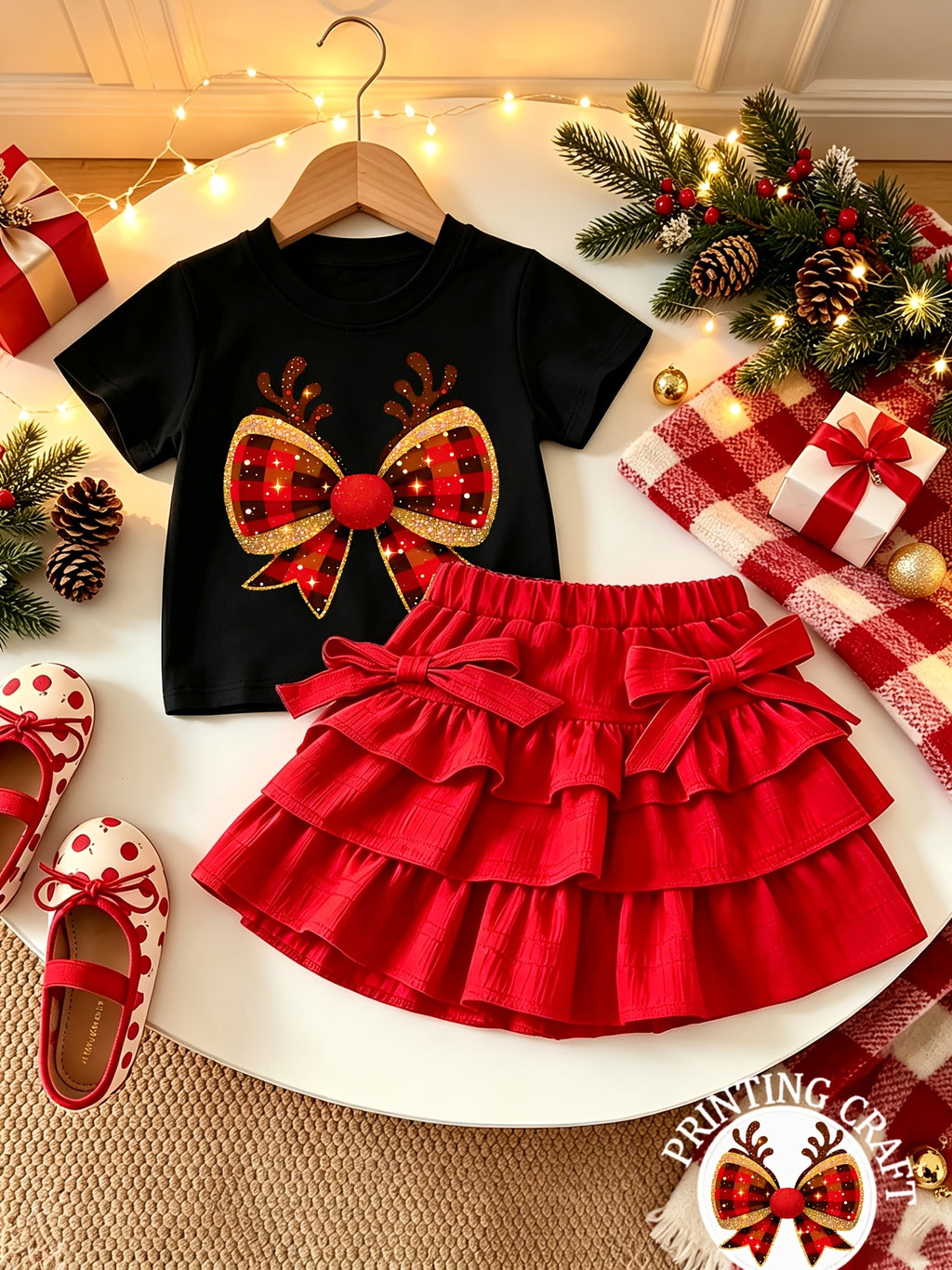 Conjunto Navideño de 2 Piezas para Niña: Blusa Negra de Manga Corta con Estampado de Astas y Falda Estilo Pastel Roja con Volantes (1T - 8T)