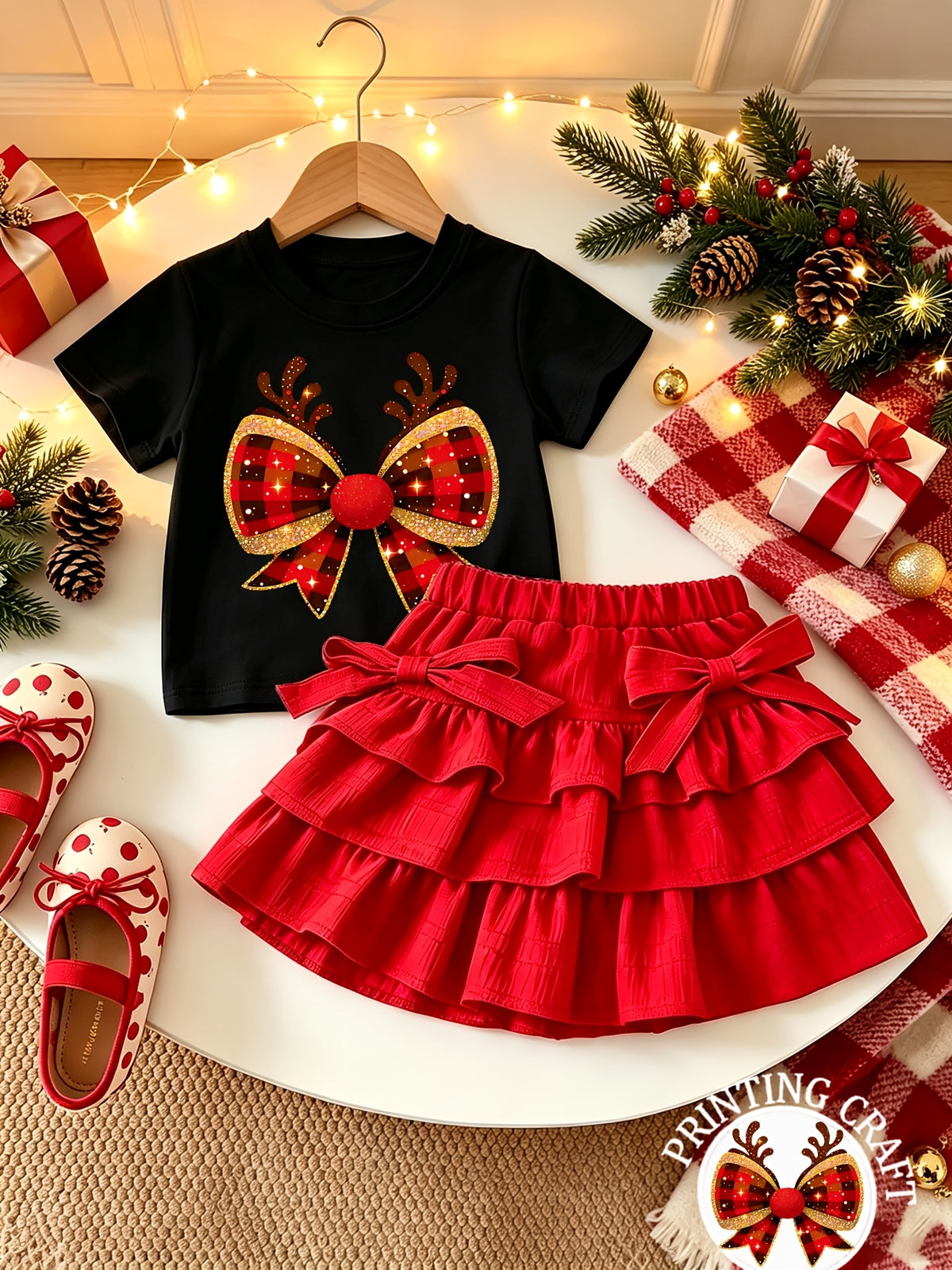 Conjunto Navideño de 2 Piezas para Niña: Blusa Negra de Manga Corta con Estampado de Astas y Falda Estilo Pastel Roja con Volantes (1T - 8T)
