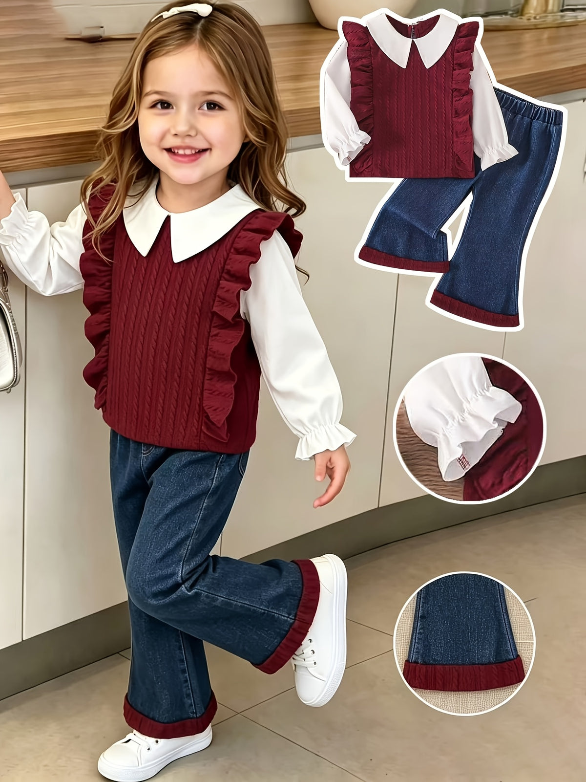 Conjunto de 2 Piezas para Niña: Camisa de Punto con Cuello y Volantes Rojos y Pantalón Largo Acampanado de Mezclilla (Estilo Invernal) (12M - 24M)