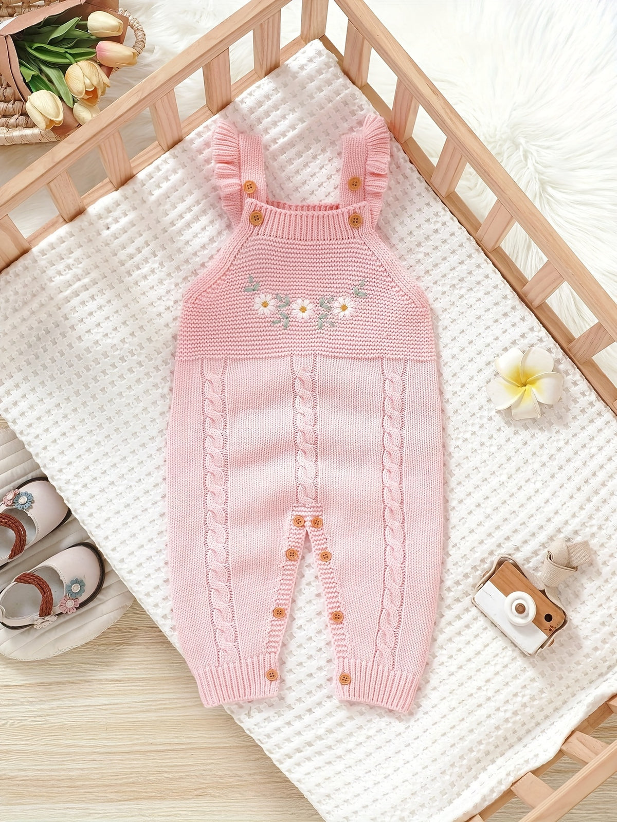 Conjunto de Body Tejido de Punto para Bebé Niña en Color Rosa con Bordado Floral y Volantes (Estilo Dulce para Otoño e Invierno) (1M - 12M)