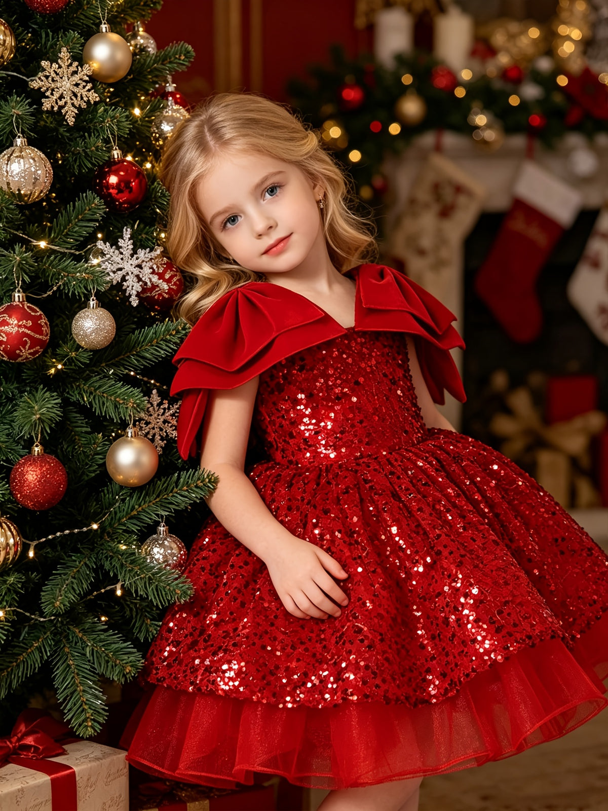 Vestido de Princesa para Niña: Vestido de Noche y Fiesta de Navidad con Lentejuelas Brillantes y Falda de Tul (Estilo Banquetes) (4 - 8Y)