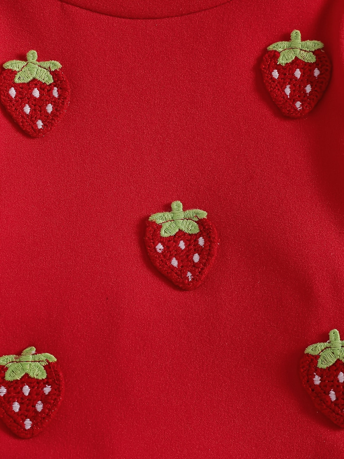Conjunto de 2 Piezas para Niña: Top Rojo Estilo Falso Dos Piezas con Cuello en V y Jeans con Bordado de Fresas (Estilo Preppy) (6M - 3Y)